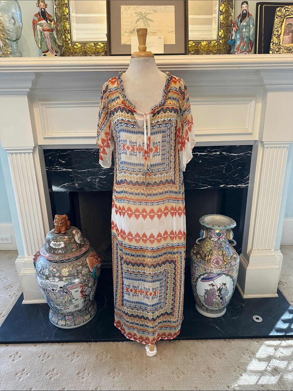 “Romeo & Juliet” Sheer Native American Print Maxi Dress